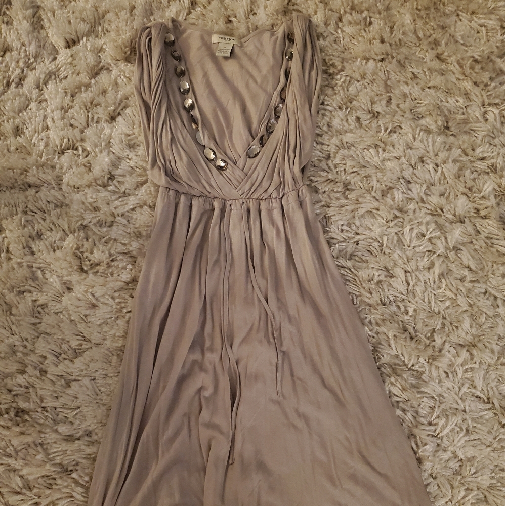 Grecian Taupe Dress with Jewel Neckline